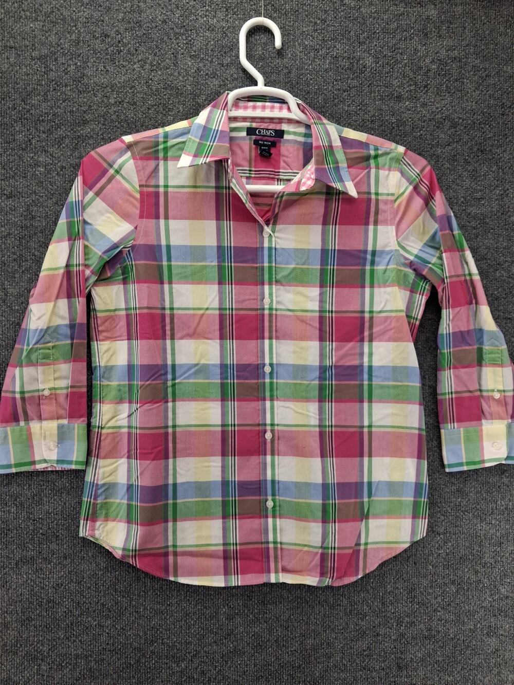 Chaps No Iron Button Shirt Womens Medium Pink Plaid